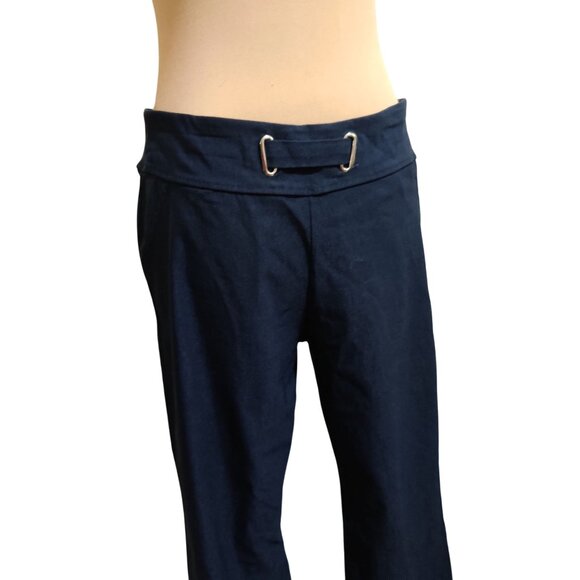 Maze Collection L Navy Blue High Waist Wide Leg Trousers Silver Buckle Career - Picture 2 of 6